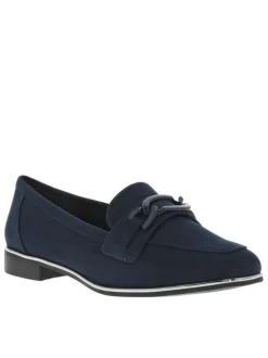 Mocassins marine à semelle noire avec talon décroché bas et boucle décorative