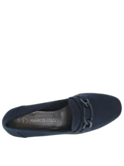 Mocassins marine à semelle noire avec talon décroché bas et boucle décorative