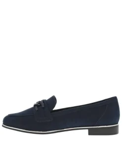 Mocassins marine à semelle noire avec talon décroché bas et boucle décorative