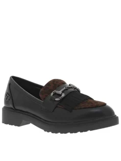 Mocassins noir avec imprimé léopard à talon décroché bas et à slip-on