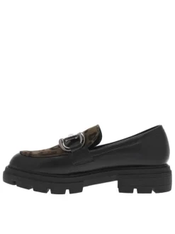 Mocassins noirs à talon décroché bas avec boucle décorative et imprimé léopard