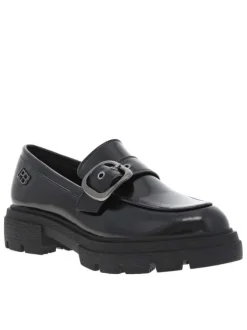 Mocassins noirs à talon décroché bas avec une boucle à ardillon