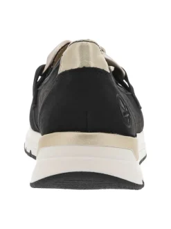 Mocassins noirs à talon plat avec empiècements dorés et chaîne bronze