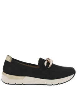 Mocassins noirs à talon plat avec empiècements dorés et chaîne bronze