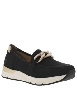 Mocassins noirs à talon plat avec empiècements dorés et chaîne bronze