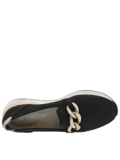 Mocassins noirs à talon plat avec empiècements dorés et chaîne bronze