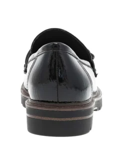 Mocassins noirs vernis à semelle plate avec un bijou à l'avant
