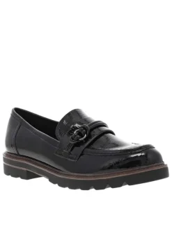 Mocassins noirs vernis à semelle plate avec un bijou à l'avant