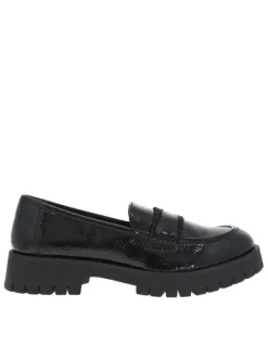 Mocassins noirs vernis à semelle à talon plat et bande strass à l'avant