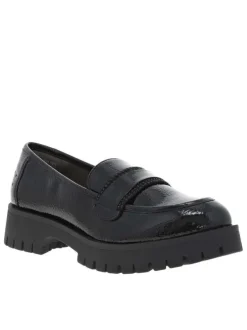 Mocassins noirs vernis à semelle à talon plat et bande strass à l'avant