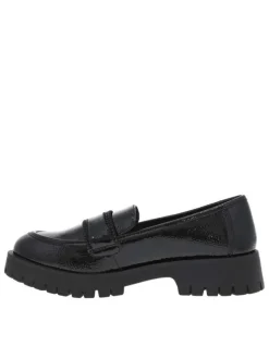 Mocassins noirs vernis à semelle à talon plat et bande strass à l'avant