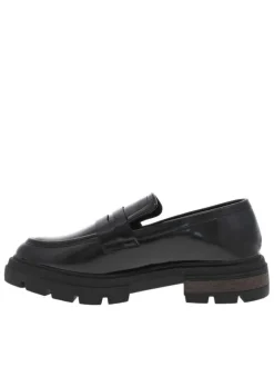 Mocassins noir vernis à talon décroché bas avec bijou argenté logotypé
