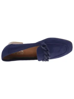 Mocassins à talon plat marines en cuir avec chaîne métallique épaisse sur le cou-de-pied