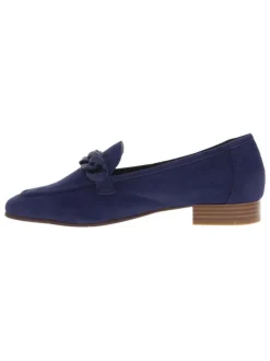 Mocassins à talon plat marines en cuir avec chaîne métallique épaisse sur le cou-de-pied