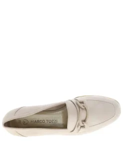 Mocassins taupe à talon décroché bas avec trépointe dorée et boucle beige