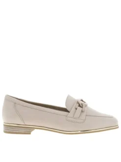 Mocassins taupe à talon décroché bas avec trépointe dorée et boucle beige