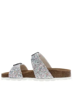 Mules argentées avec 2 boucles à ardillon et des sequins multicolores