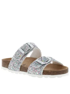 Mules argentées avec 2 boucles à ardillon et des sequins multicolores