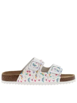 Mules blanches imprimées papillons avec 2 boucles à ardillon