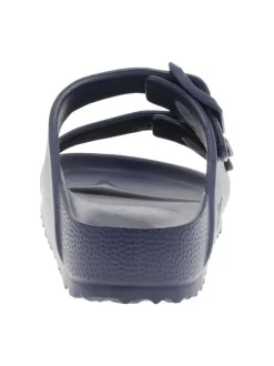 Mules bleu marine avec un talon plat et deux boucle à ardillon