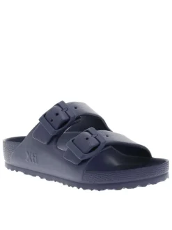 Mules bleu marine avec un talon plat et deux boucle à ardillon