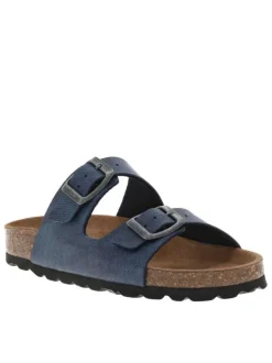 Mules bleues avec boucles à ardillon et un aspect liège autour de la semelle