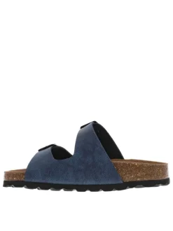 Mules bleues avec boucles à ardillon et un aspect liège autour de la semelle