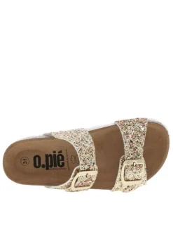 Mules dorées avec des sequins multicolores et 2 boucles à ardillon
