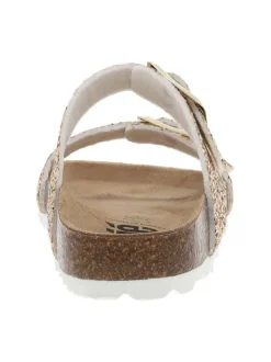 Mules dorées avec des sequins multicolores et 2 boucles à ardillon