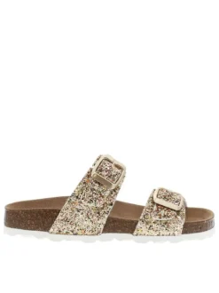 Mules dorées avec des sequins multicolores et 2 boucles à ardillon