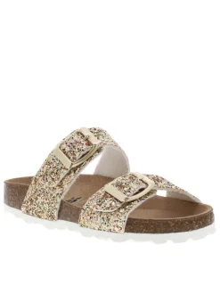 Mules dorées avec des sequins multicolores et 2 boucles à ardillon