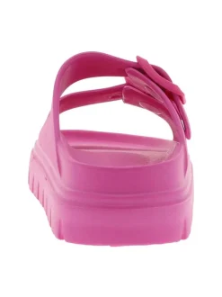 Mules fuchsia à talon plat avec des boucles à ardillon ton sur ton