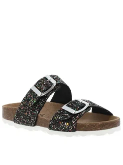 Mules noires avec sequins multicolores et 2 boucles à ardillon