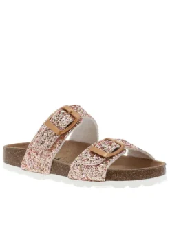 Mules rose avec 2 boucles à ardillon et des sequins sur les brides
