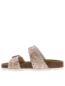 Mules rose avec 2 boucles à ardillon et des sequins sur les brides