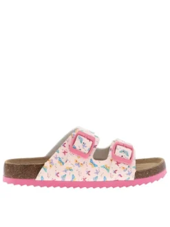 Mules roses avec 2 boucles à ardillon et un imprimé papillons