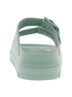 Mules vert d’eau à talon plat avec des boucles à ardillon ton sur ton