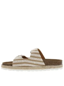 Mules beiges et blanches avec deux boucles à ardillon dorées