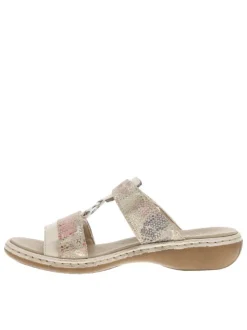 Mules beiges à imprimé écailles multicolores et à talon compensé bas