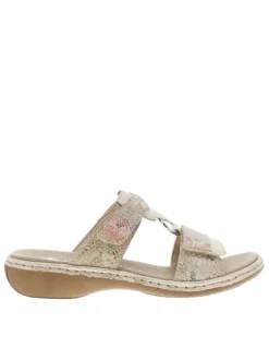 Mules beiges à imprimé écailles multicolores et à talon compensé bas