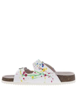 Mules blanches avec des taches de peinture multicolores et à boucles à ardillon