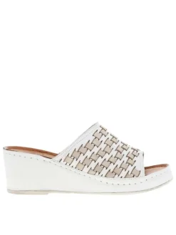 Mules blanches avec empiècements beiges en cuir à talon compensé haut