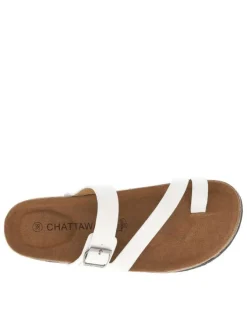 Mules blanches ouvertes à sangles avec une boucle à ardillon et à talon plat