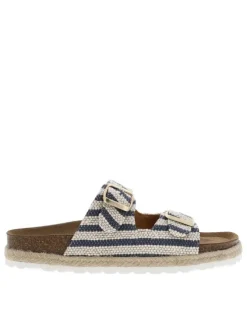 Mules bleues et blanches avec deux boucles à ardillon dorées