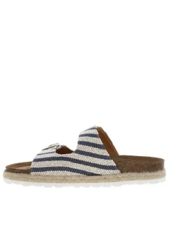 Mules bleues et blanches avec deux boucles à ardillon dorées