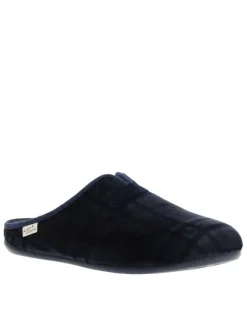 Mules bleues marine avec un talon plat et imprimé à carreaux