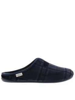 Mules bleues marine avec un talon plat et imprimé à carreaux
