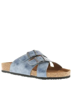 Mules bleues à semelle compensée bas et une fermeture à boucle à ardillon