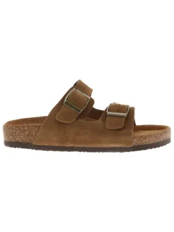 Mules camel en cuir avec un talon plat et deux boucles à ardillon