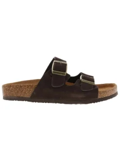 Mules chocolat en cuir avec un talon plat et deux boucles à ardillon